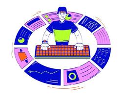 Data analytics business reports doodle illustration concept. Key performance indicators analysis. Computer analyst typing keyboard cartoon 2D character isolated on white. Hand drawn drawing vector