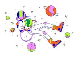 Helmet astronaut floating in space doodle illustration concept. Spaceman universe exploration. Cosmonaut surrounded by cosmic planets cartoon 2D character isolated on white. Hand drawn drawing vector