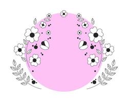 Round pink shape surrounded by spring flowers leaves branches cartoon flat illustration. Circular backdrop floral blossom botanical 2D frame isolated on white background. colorful image vector