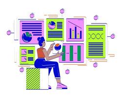 Data-driven product management doodle illustration concept. Business analyst with charts. Project manager african american woman cartoon 2D character isolated on white. Hand drawn drawing vector