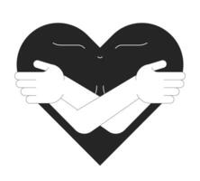 Self-compassion and breast cancer black and white 2D illustration concept. Mental health. Self care behavior. Happy heart hugging self outline character isolated. Metaphor monochrome art vector