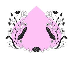 Abstract shape pink backdrop with floral composition cartoon flat illustration. Whimsical varied blooms. Blossom flowers and leaves 2D frame isolated on white background. colorful image vector
