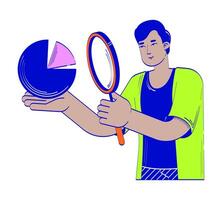 Data analyst magnifying glass doodle illustration concept. Indian man with loupe holding chart. Strategy planning statistician cartoon 2D character isolated on white. Hand drawn drawing vector