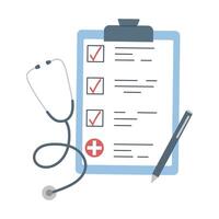 Medical Checklist with Stethoscope and Pen, illustration of a medical checklist clipboard with checkmarks, accompanied by a stethoscope and a pen vector