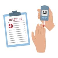 Diabetes Blood Sugar Test Illustration, hand using a glucometer with a blood drop and a clipboard labeled Diabetes with a medical report vector