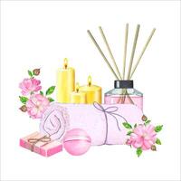 Spa cosmetics with towel and diffuser, candles, soap, rose. Hand drawn watercolor illustration vector