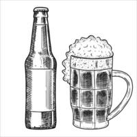 Hand draw bottle and mug with beer. illustration vector