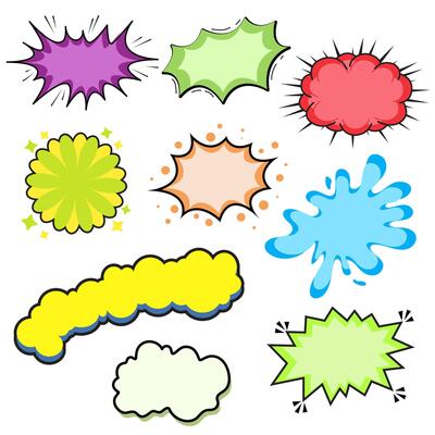 Set empty colorful speech bubbles for chat messages, message boxes, balloons, labels, price tags, stickers, posters, badges. Speech signs, communication frames.