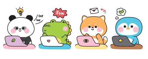 Set of cute animals with laptops in various poses.Panda bear.Crocodile.Shiba inu dog.Penguin.Work,playing game,send mail.Animals character cartoon design.Kawaii.Illustration. vector