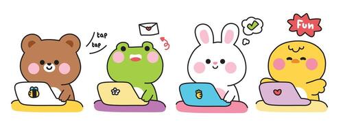 Set of cute animals with laptops in various poses.Bear.Frog.Rabbit.Chicken.Work,playing game,send mail hand drawn.Animals character cartoon design.Kawaii.Illustration. vector