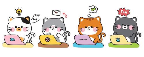 Set of cute cats with laptops in various poses.Meow.Kitten.Work,playing game,send mail.Pet animals character cartoon design.Kawaii.Illustration. vector
