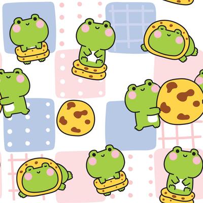 Seamless pattern of cute frog with cookies pastel background.Bakery hand drawn.Reptile animal character cartoon design.Image for card,sticker,baby clothing.Kawaii.Illustration.