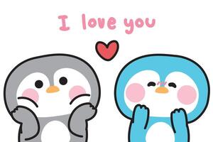 Cute penguin lover couple look each other with heart love feeling.I love you text.Valentines day.North pole bird animal character cartoon design.Kawaii.Illustration. vector