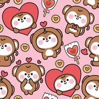 Seamless pattern of cute monkey in love concept with cookies and candy pink background.Heart.Valentines.Wild animal character cartoon design.Image for card,sticker,decoration. vector