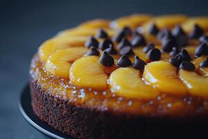 Delicious upside down cake with peaches and chocolate chips served on a black plate photo