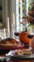 Autumn table setting with pie, pumpkins, and floral centerpiece in a cozy dining room photo