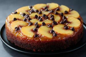 Delicious upside down cake with peaches and chocolate chips served on a black plate photo