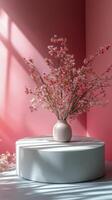 Delicate pink flowers in a white vase casting soft shadows on a pastel wall photo