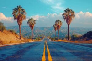 A quiet road lined with palm trees on a sunny day in a scenic landscape photo