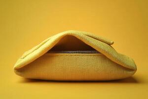 Stylish yellow fabric pouch on a vibrant yellow background showcasing modern design elements photo
