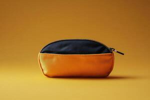 Stylish yellow fabric pouch on a vibrant yellow background showcasing modern design elements photo