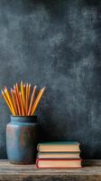 Yellow pencils in a black holder next to an old book on a wooden surface photo