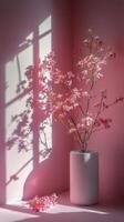 Delicate pink flowers in a white vase casting soft shadows on a pastel wall photo