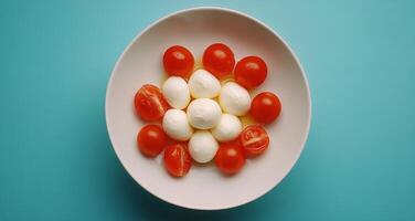 Colorful dessert bowl featuring a mountain of cherries and whipped cream against a bright backdrop photo