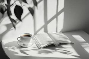 A tranquil morning with a cup of coffee and an open book on a sunlit table photo