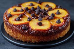 Delicious upside down cake with peaches and chocolate chips served on a black plate photo