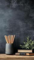 Yellow pencils in a black holder next to an old book on a wooden surface photo
