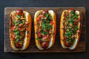 Delicious grilled hot dogs topped with fresh salsa and herbs on a wooden cutting board photo