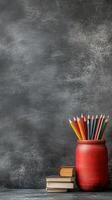 Yellow pencils in a black holder next to an old book on a wooden surface photo
