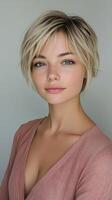 A young woman with short blonde hair poses in a light pink shirt against a neutral background photo