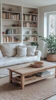 Modern living room with a cozy sofa, bookshelves, and plants in a warm setting photo