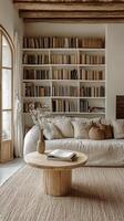 Modern living room with a cozy sofa, bookshelves, and plants in a warm setting photo