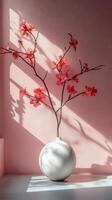 Delicate pink flowers in a white vase casting soft shadows on a pastel wall photo