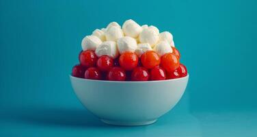 Colorful dessert bowl featuring a mountain of cherries and whipped cream against a bright backdrop photo