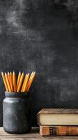 Yellow pencils in a black holder next to an old book on a wooden surface photo
