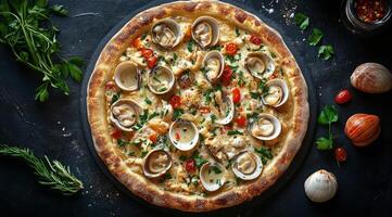 Deliciously crafted clam pizza topped with fresh herbs and tomatoes on a rustic wooden table photo