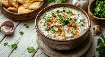 Delicious savory pastries with yogurt sauce and fresh ingredients on a white wooden table photo
