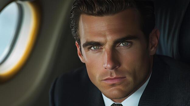 A businessman relaxing in a private jet cabin during a flight in the afternoon light photo