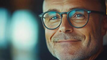 A smiling older man wearing glasses and a cozy sweater enjoys a warm day at a cafe photo