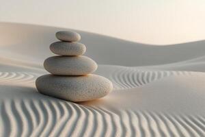 Stacked pebbles on smooth sand creating a tranquil scene in a minimalist setting photo