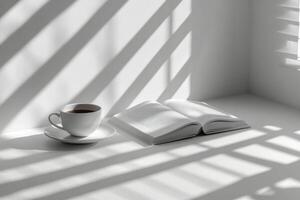 A tranquil morning with a cup of coffee and an open book on a sunlit table photo