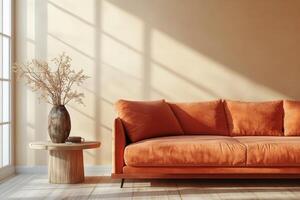 Modern orange sofa with decorative vase and sunlight streaming through the window photo