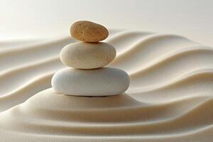 Stacked pebbles on smooth sand creating a tranquil scene in a minimalist setting photo