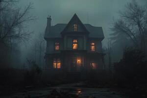 A haunted house surrounded by flames at night with eerie glowing windows in a dark environment photo