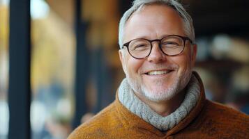 A smiling older man wearing glasses and a cozy sweater enjoys a warm day at a cafe photo