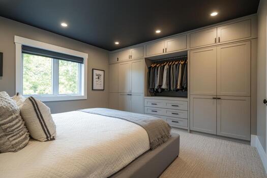 Elegant modern bedroom design featuring cozy bedding and stylish storage in a serene setting photo